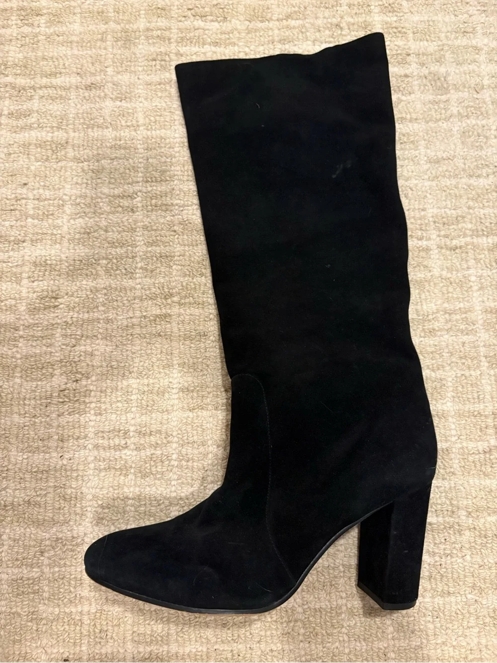 Slouchy Black Knee-High Suede Boot with Block Heel